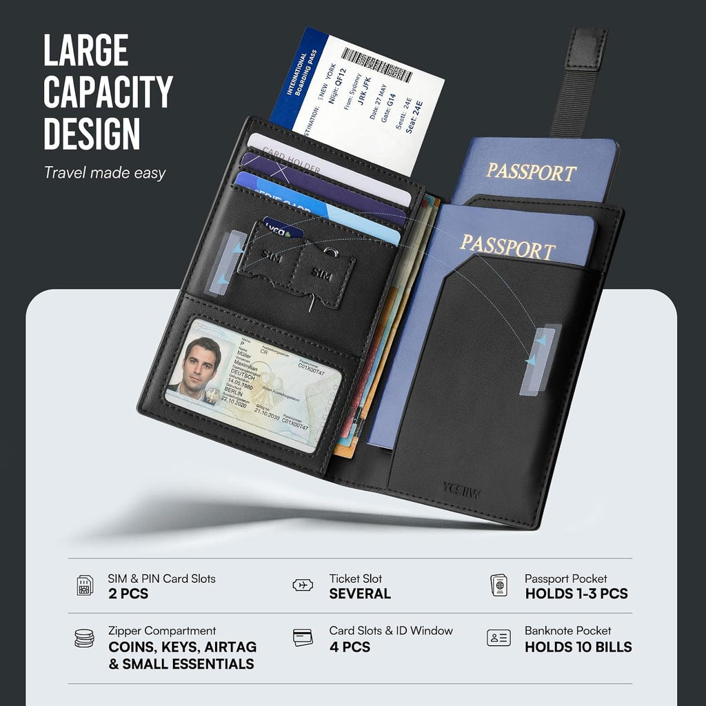 YESIIW Soporte de cuero para pasaporte, cartera de pasaporte de viaje con bloqueo RFID, ranura magnética para tarjeta de embarque YKK con cremallera delgada para viajes de negocios y vacaciones, Negro