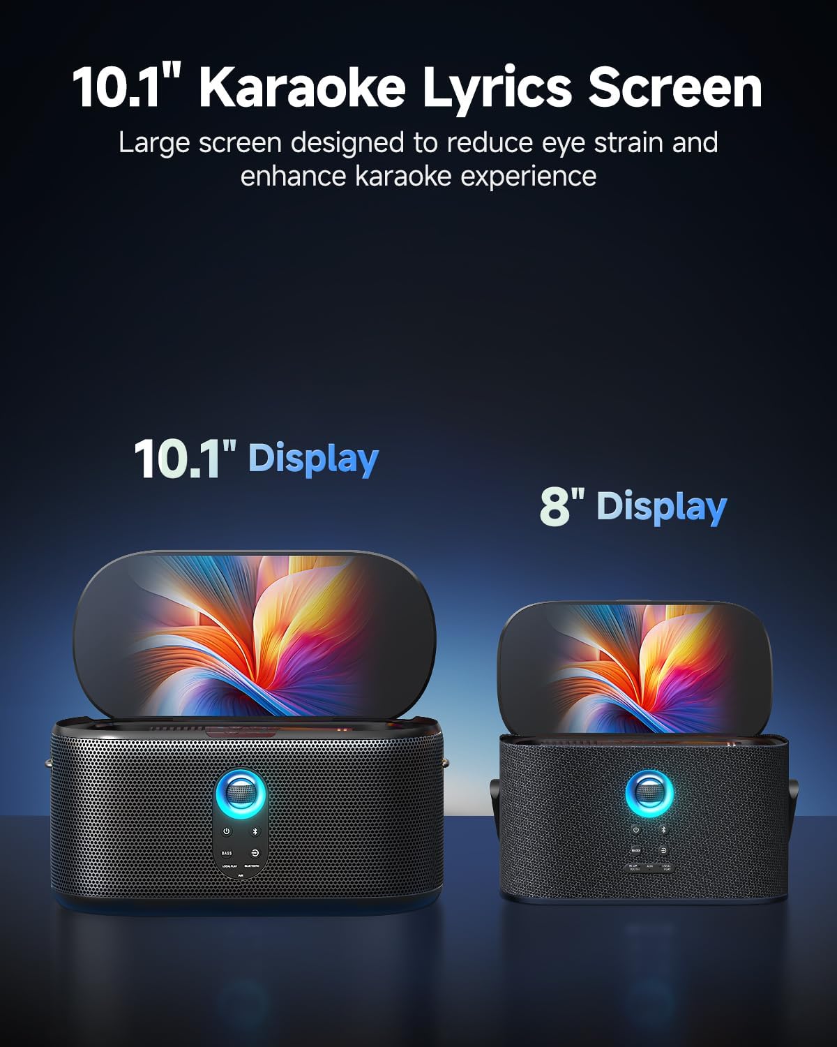 Ikarao - Máquina inteligente de karaoke, pantalla integrada de 10.1 pulgadas con letra para adultos y niños, 2 micrófonos inalámbricos de carga automática, altavoz Bluetooth portátil con sistema PA