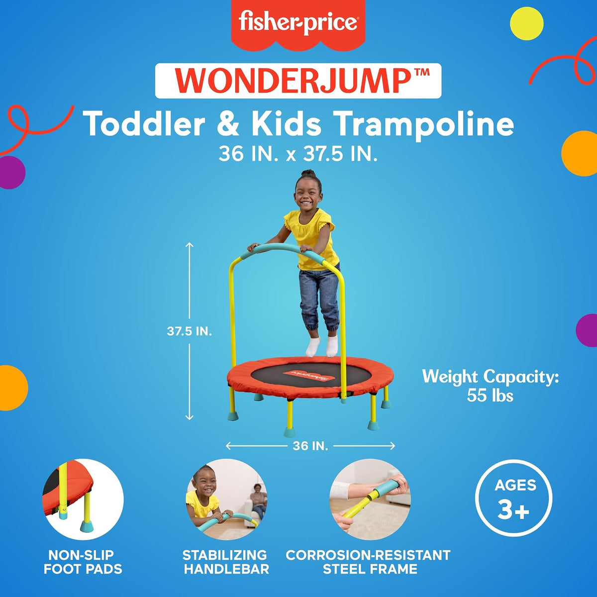 Fisher-Price Mini trampolín, WonderJump 36 pulgadas gorila redonda, multicolor