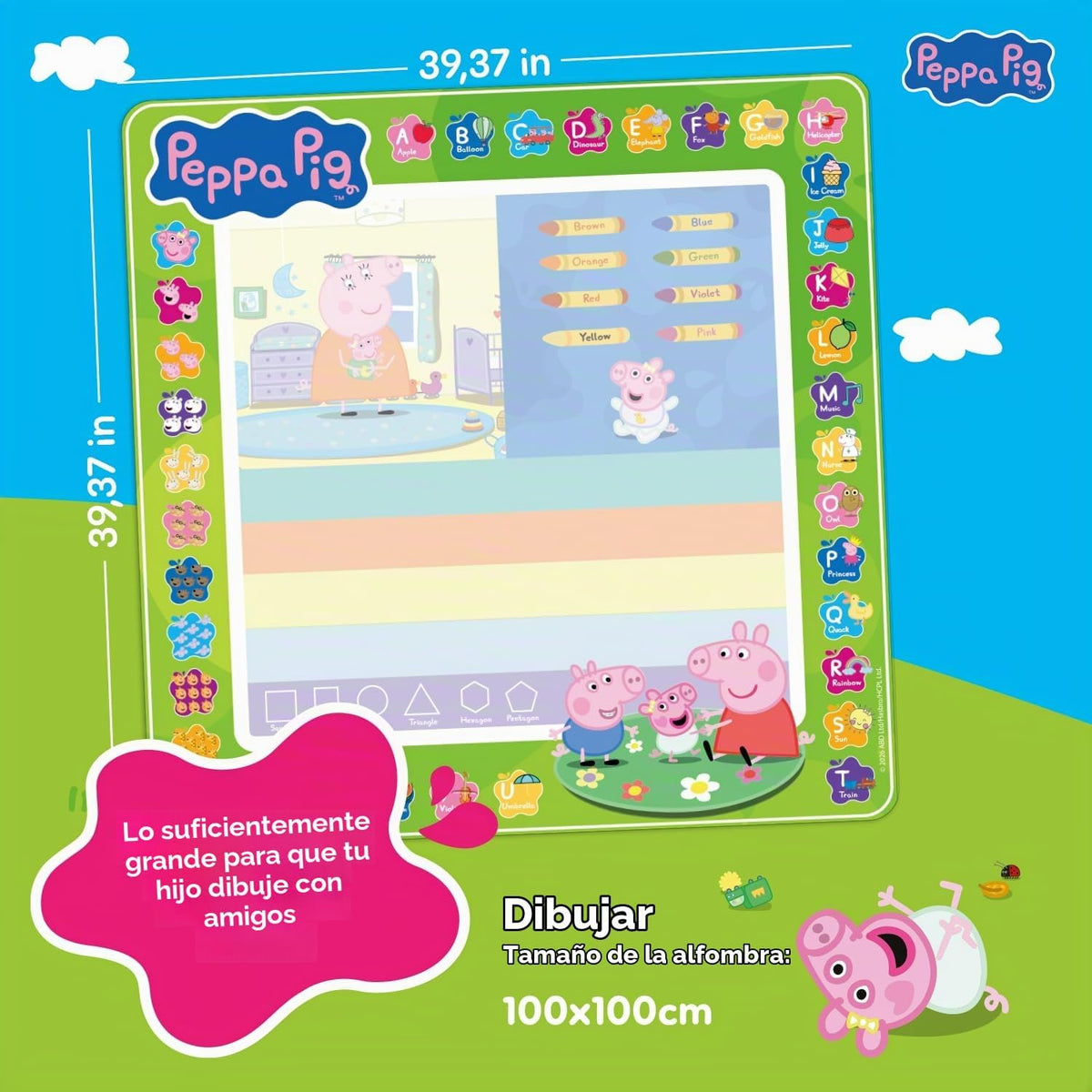 Evie Pig Water Doodle Mat 39.4 x 39.4 in, sin desorden Aqua Magic tapete de dibujo sin pantalla, creativo ABC y 123 a partir de 3 años