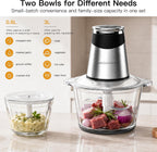 MEGAWISE Procesador de alimentos con potente motor de núcleo de cobre de 500 W, picadora eléctrica de alimentos con picadora de carne y picadora de verduras, 2 cuencos (cuencos de vidrio de 0.6 L y 3 L), cuchillas de doble capa para frutas/carne/nueces
