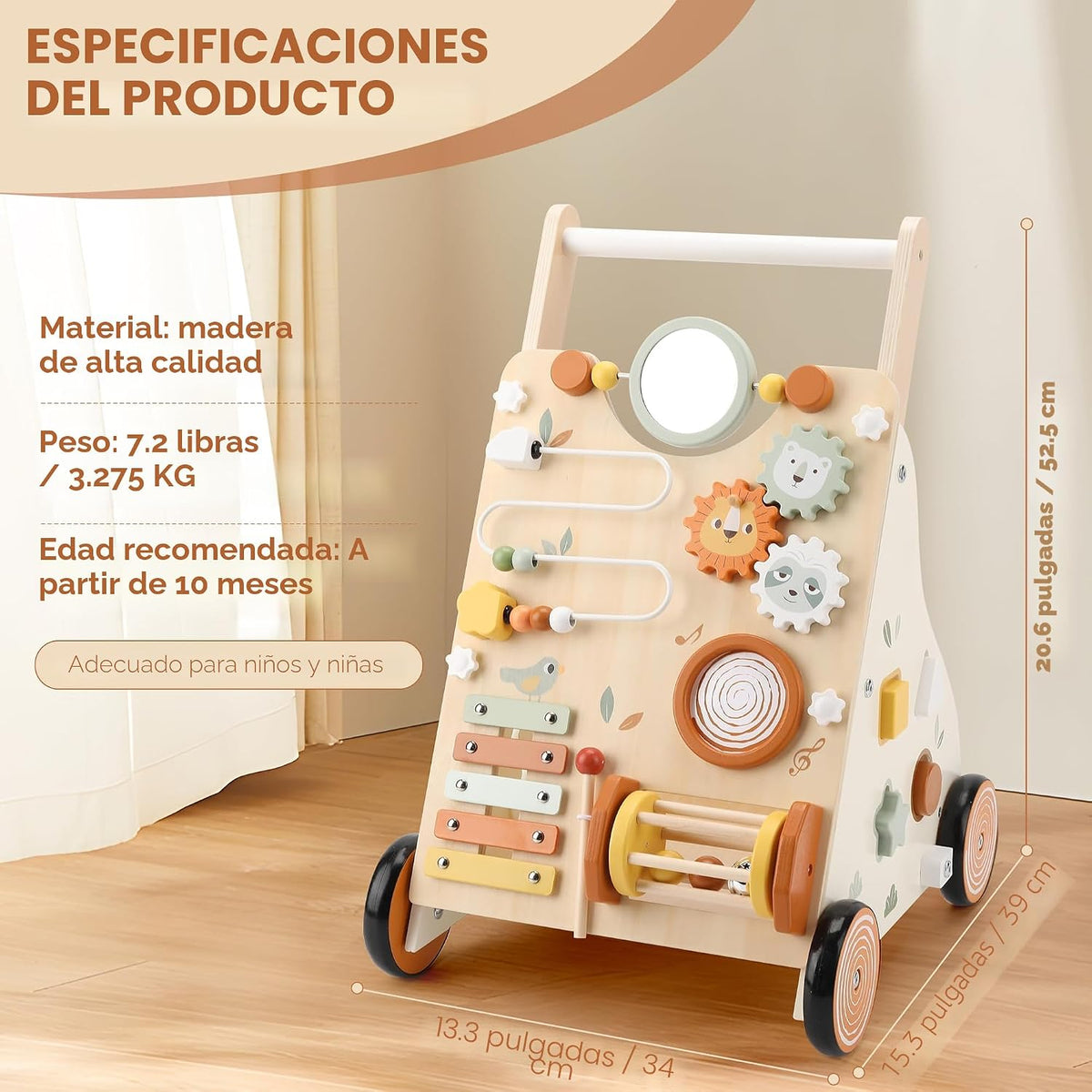 Andador de madera para bebés, andador de empuje para bebés con centro de actividades para niñas y niños, juguetes Montessori Push Walker para bebés que aprenden a caminar, sentado a pie, para 10-12 meses, 1, 2, 3 años