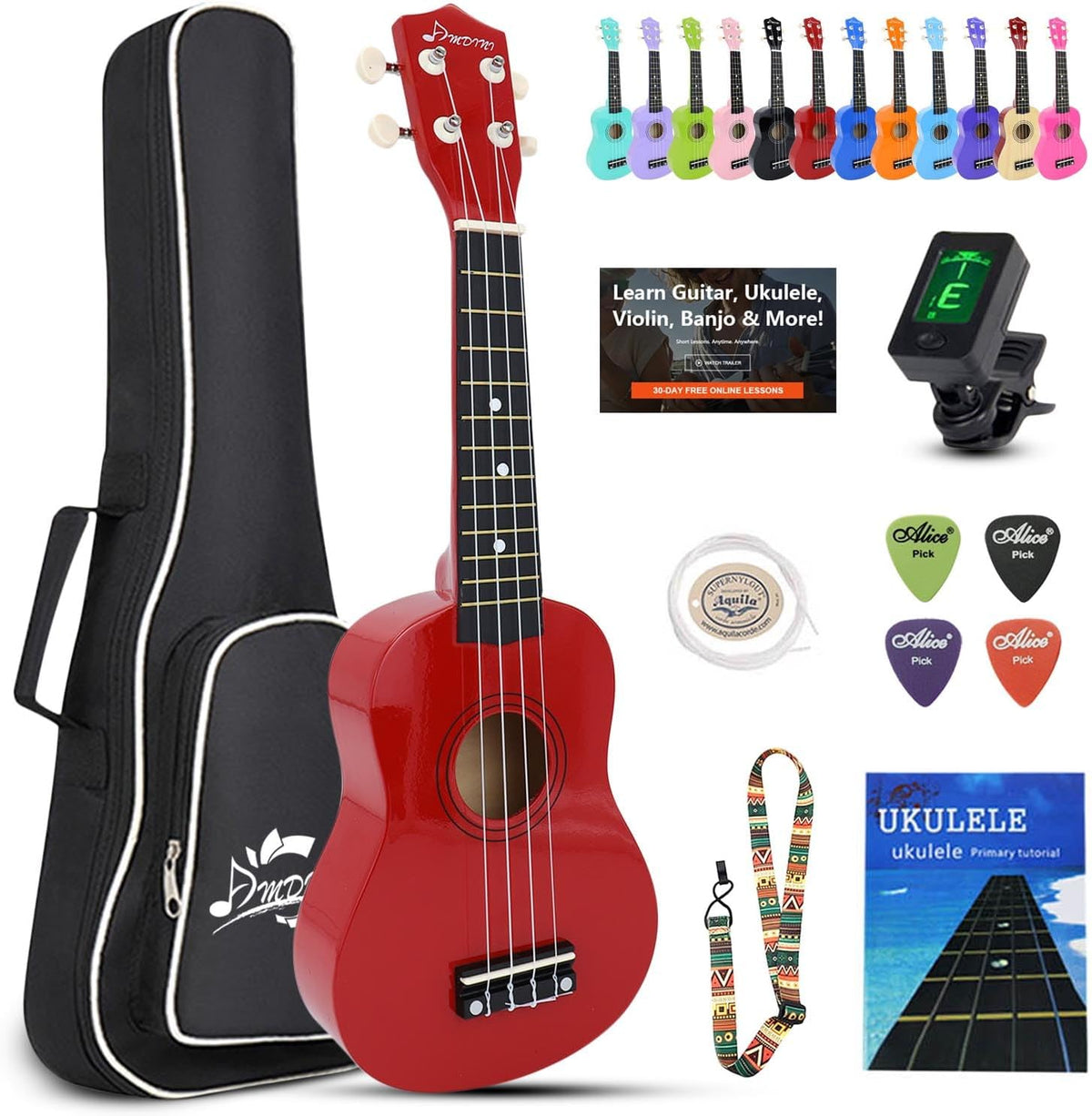 Ukelele soprano para niños, kit de ukelele de madera hawaiana de 21