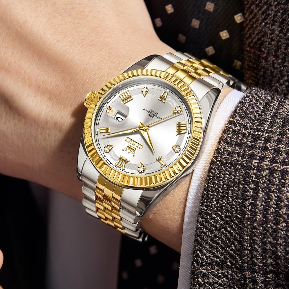 OLEVS Reloj Clásico para Hombre Diamante Analógico Lujo Acero Inoxidable a Dos Tonos Resistente al Agua con Fecha Luminous para Hombres