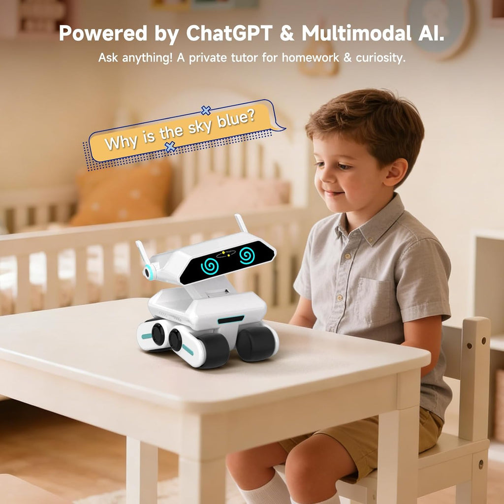 Robot interactivo AI Pet & STEM Toy con ChatGPT, modo tutor privado para tareas, visión de 5 MP, base móvil, sin tarifas mensuales