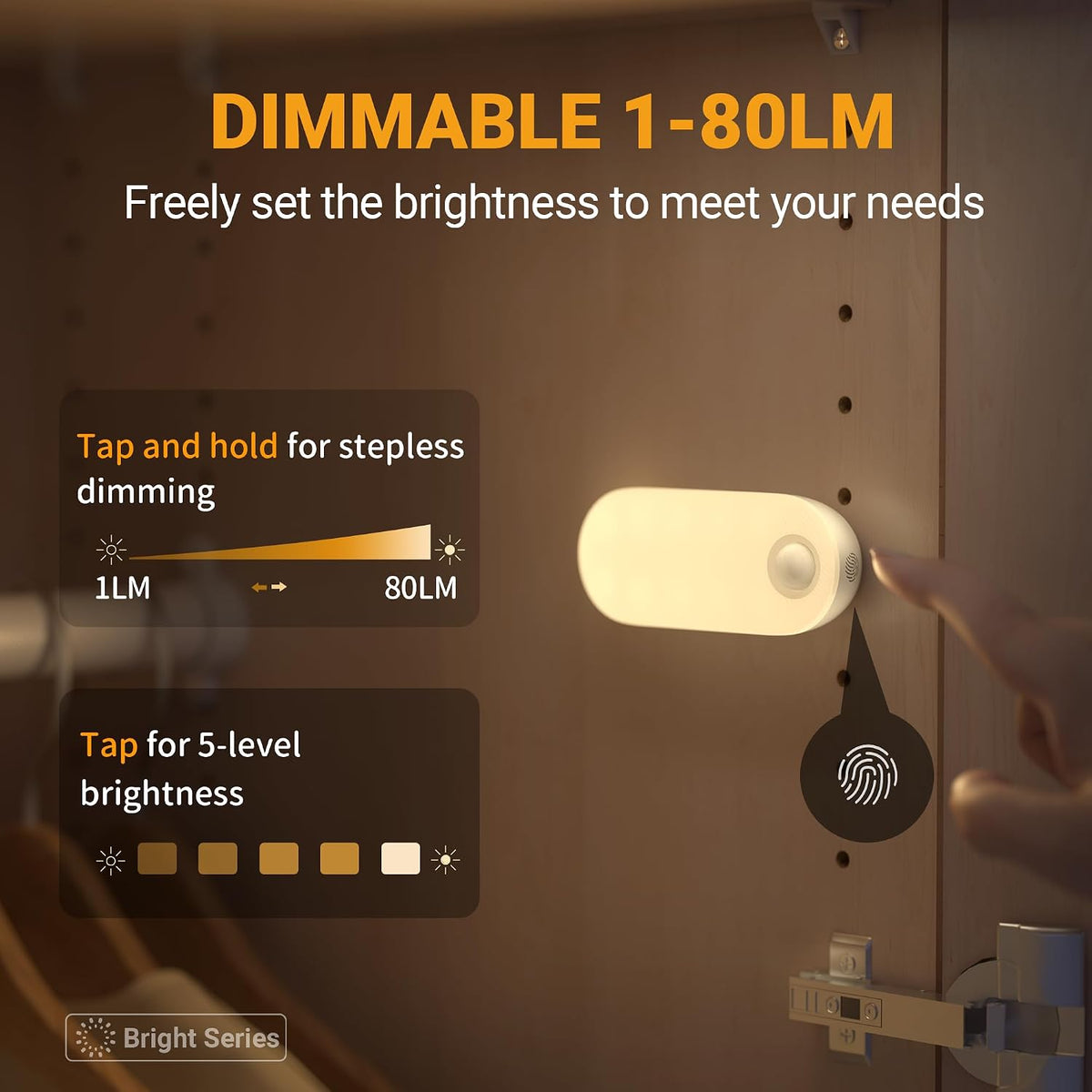 Luz Nocturna Recargable con Sensor de Movimiento, Funciona con Pilas de 1500mAh, Luz LED Adhesiva para Armario, Luminosidad Ajustable de 1-80LM para Baño, Cocina, Escaleras, Pasillo, 3 Paquetes