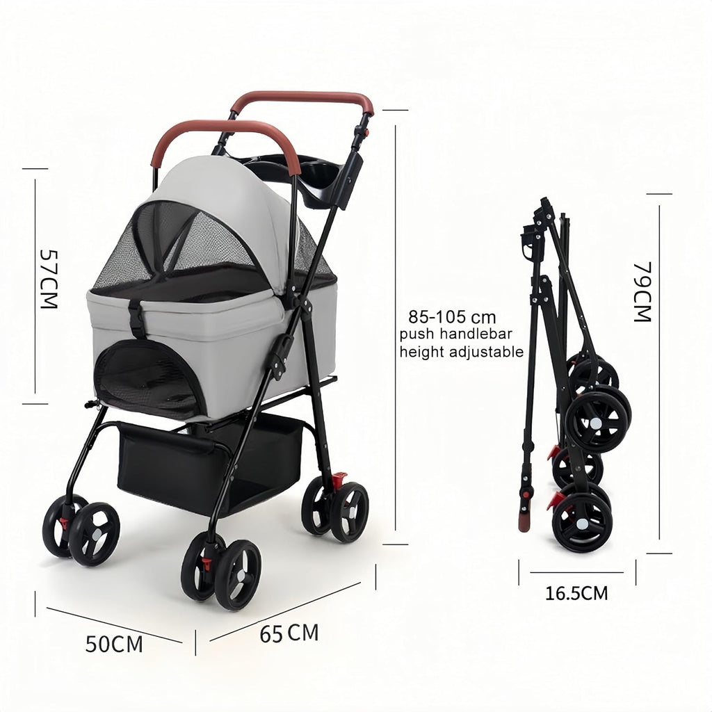 Cochecito para mascotas para perros medianos y pequeños – Cochecito plegable de 4 ruedas con cesta de almacenamiento, transportador para perros y gatos, asa ajustable, transportador plegable para cachorros adecuado para viajar con gatos y perros (gris)