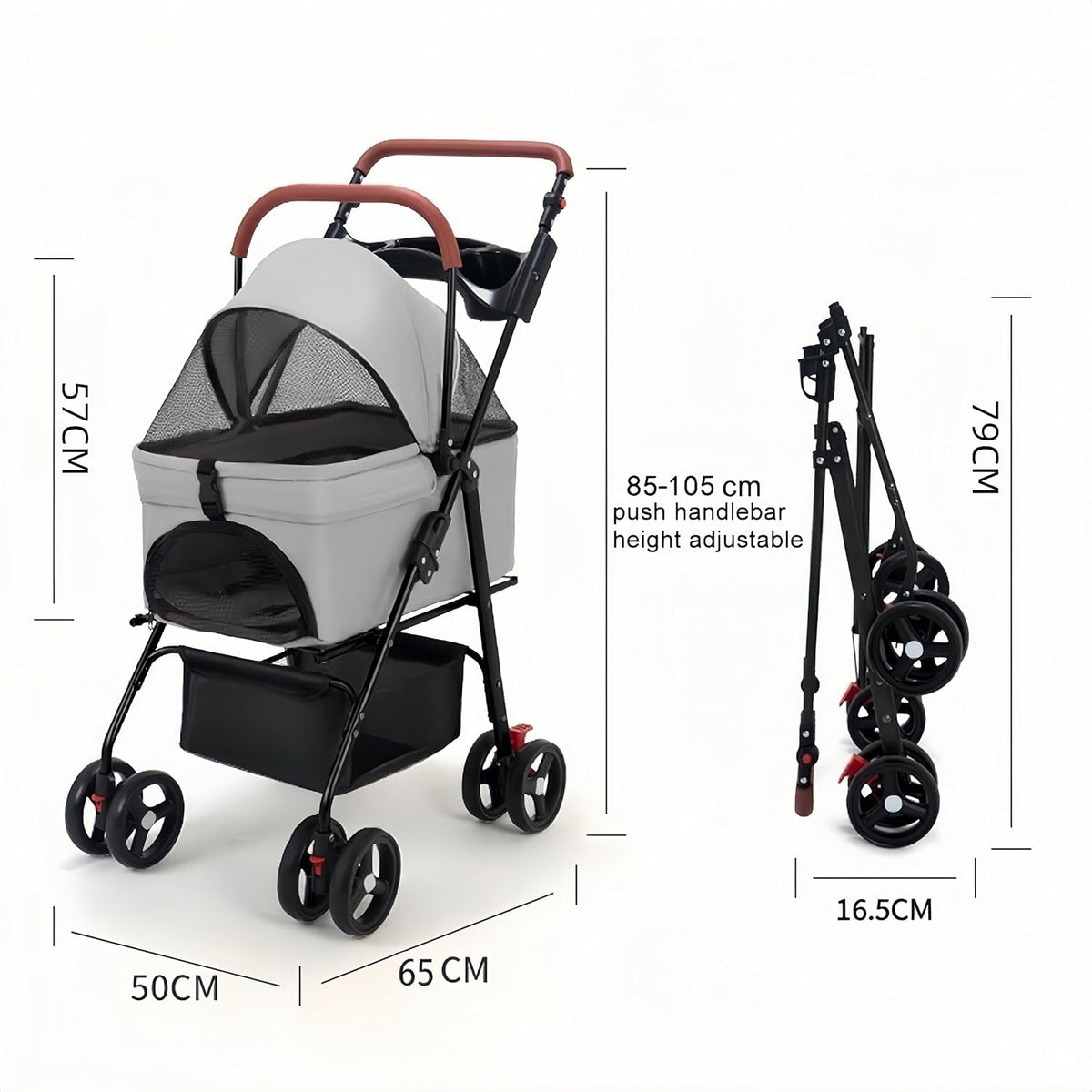 Cochecito para mascotas para perros medianos y pequeños – Cochecito plegable de 4 ruedas con cesta de almacenamiento, transportador para perros y gatos, asa ajustable, transportador plegable para cachorros adecuado para viajar con gatos y perros (gris)