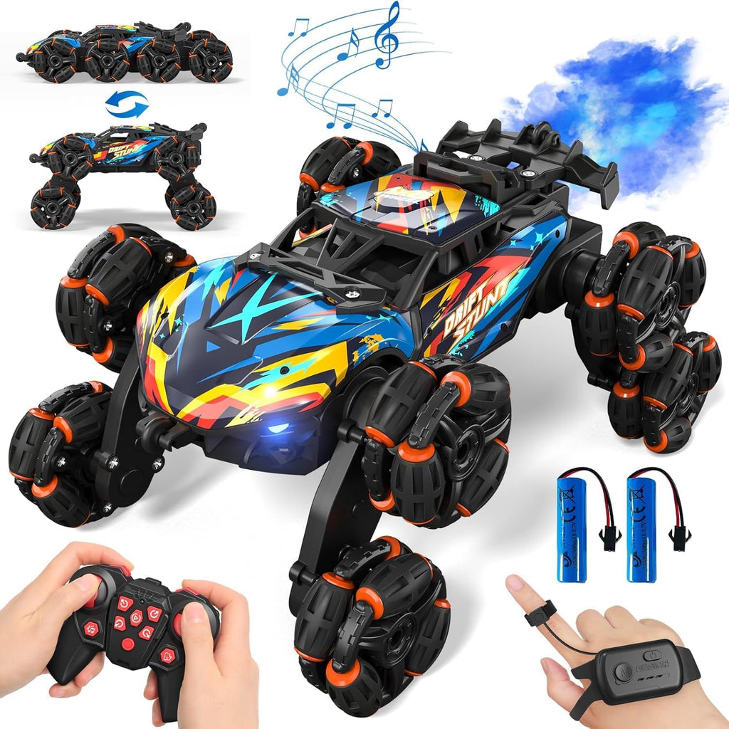 8WD - Coche de acrobacias de carretera con detección de gestos, autos de control remoto con luz LED, música y aerosol, juguetes de automóvil a control remoto de deriva regalos para niños y niñas de 6 a 12 años
