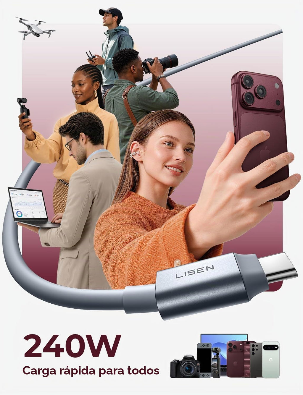 LISEN Tap 1 S Cable de Almacenamiento, 240W C a C Cable Carga Rápida (2 Paquetes 5FT)