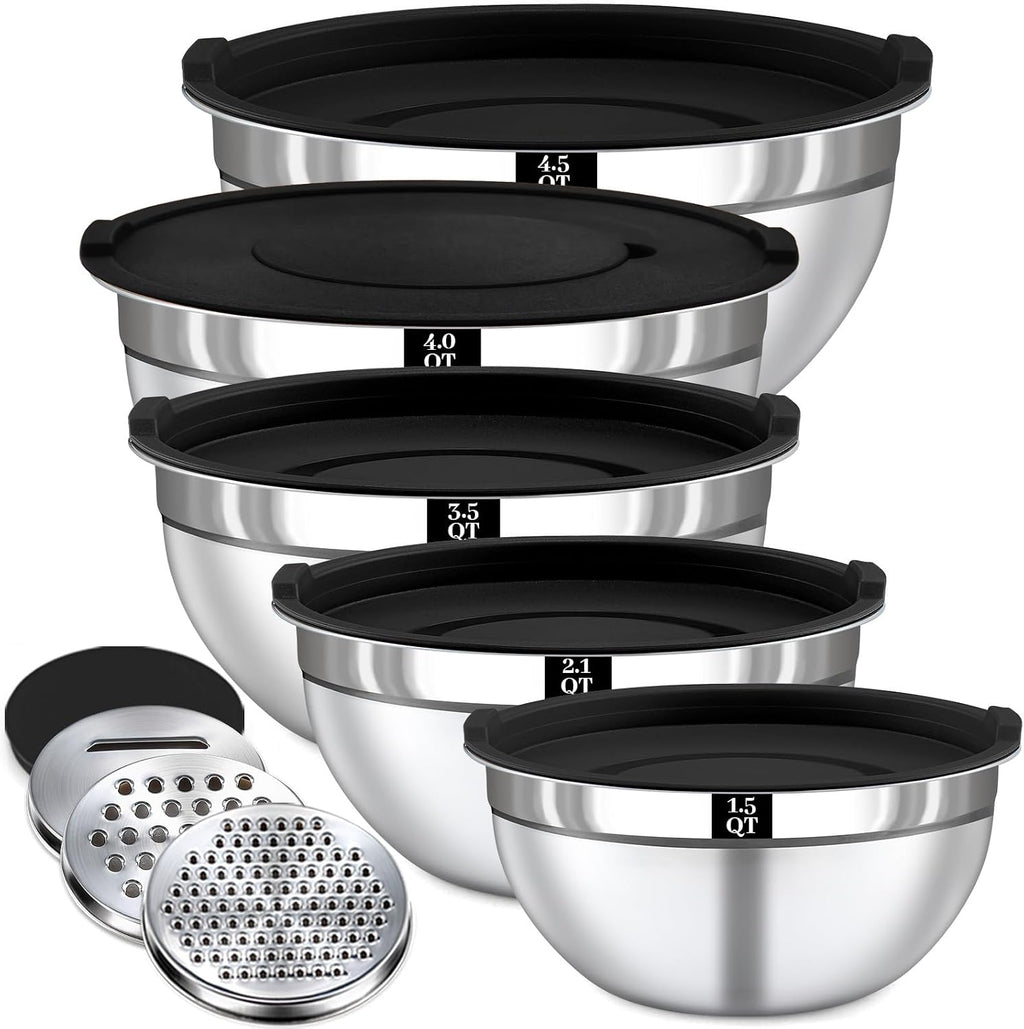 Juego de 8 tazones para mezclar con tapas, 5 cuencos para mezclar anidables, 3 accesorios para rallar, tapas, cuencos de acero inoxidable para mezclar y servir, tamaño 1.5/2.1/3.5/4/4.5