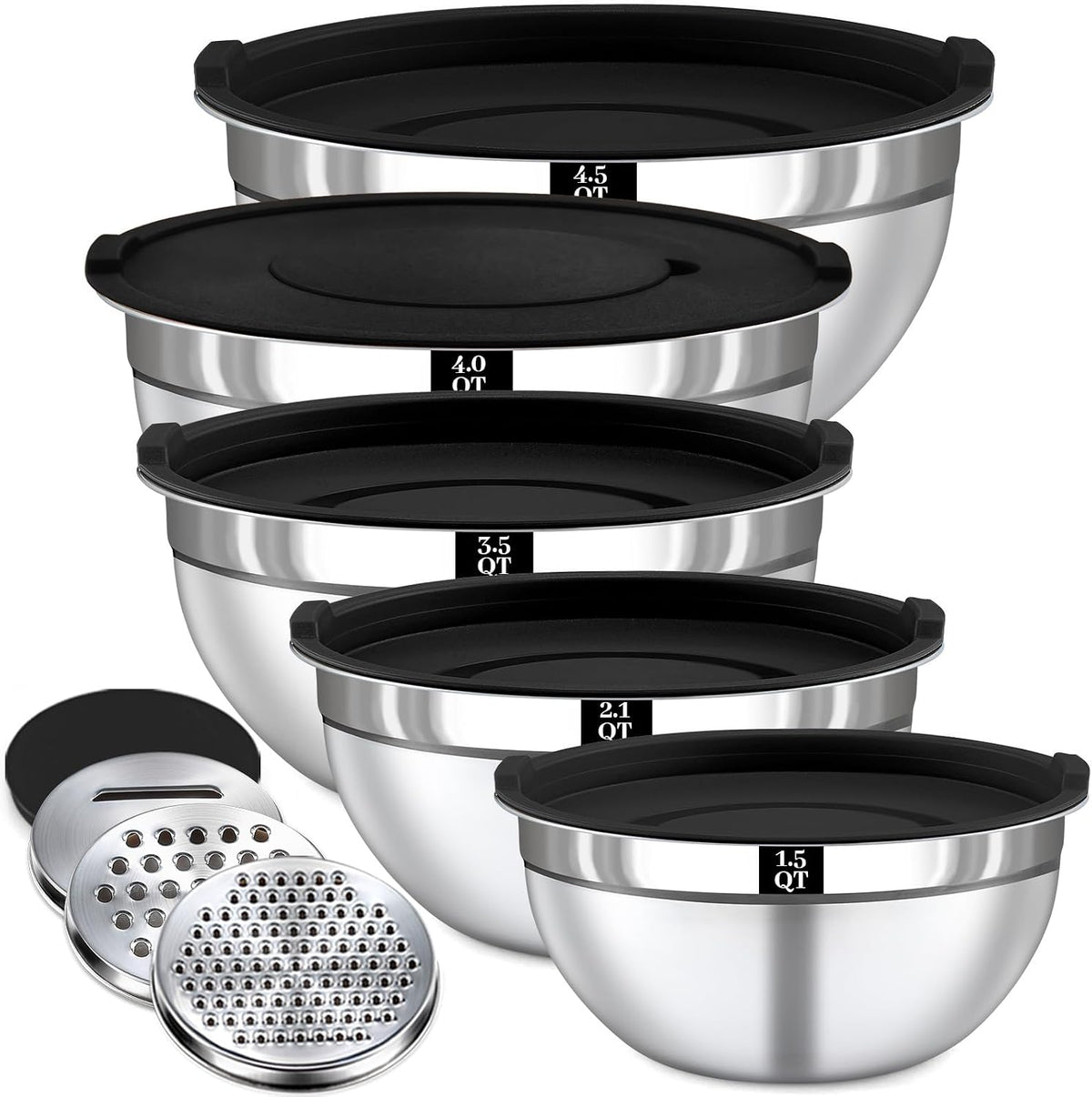 Juego de 8 tazones para mezclar con tapas, 5 cuencos para mezclar anidables, 3 accesorios para rallar, tapas, cuencos de acero inoxidable para mezclar y servir, tamaño 1.5/2.1/3.5/4/4.5
