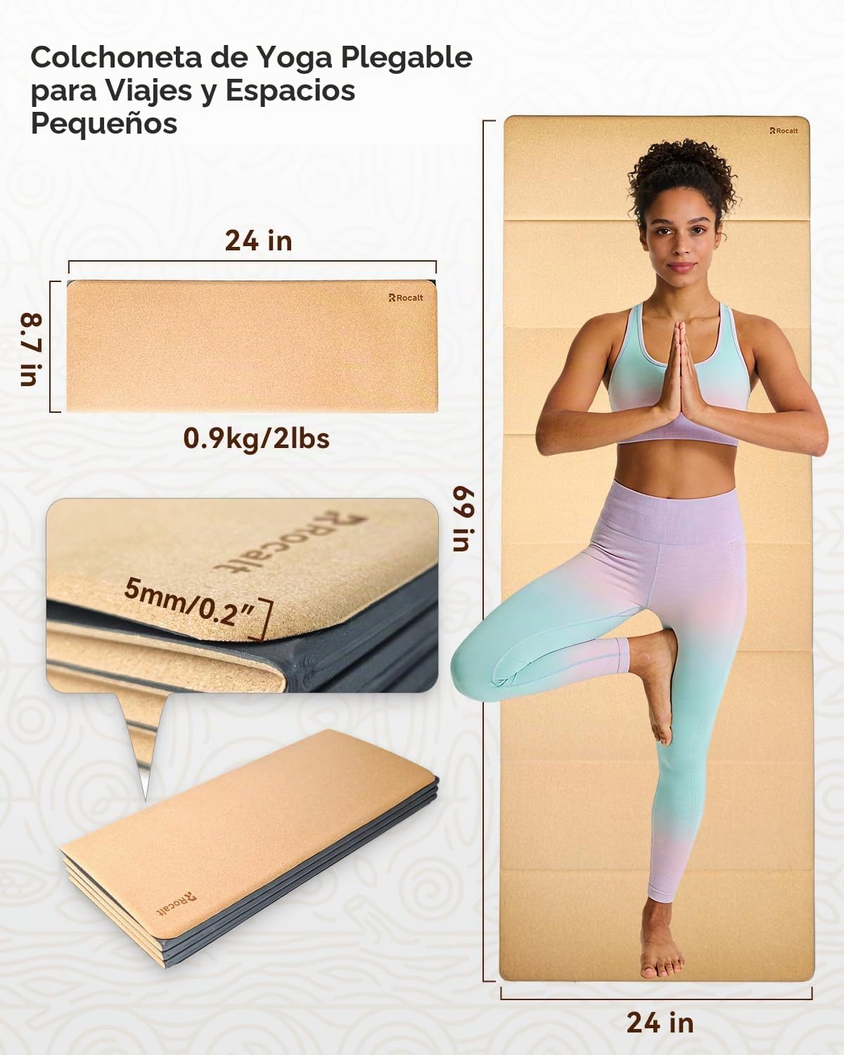 Rocalt Esterilla de yoga plegable de corcho, 0.197 in, antideslizante, 69 x