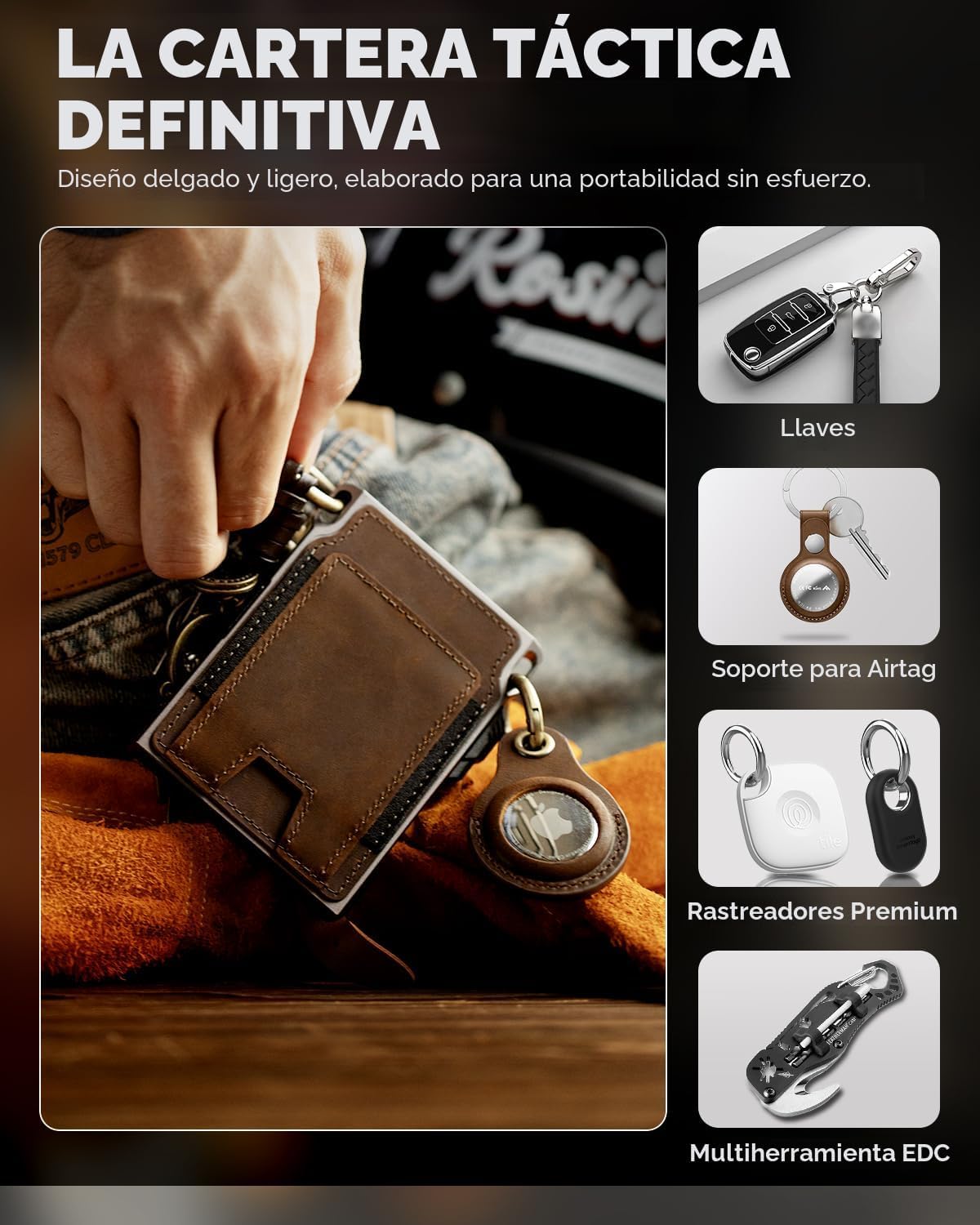 Cartera táctica delgada para hombre, bolsillo frontal minimalista de cuero de grano completo para 10 tarjetas, tarjetero de aluminio con bloqueo RFID, funda inteligente para tarjetas emergentes, clip para dinero, caja de regalo (marrón oscuro)