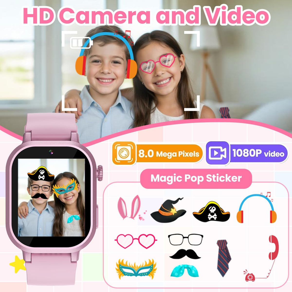 Reloj inteligente impermeable para niños y niñas de 5 a 12 años con 39 juegos, cámara HD, video, música, seguimiento de hábitos, alarma, podómetro, reloj inteligente para niños, regalo de cumpleaños para niñas de 5, 6, 7, 8 (rosa)