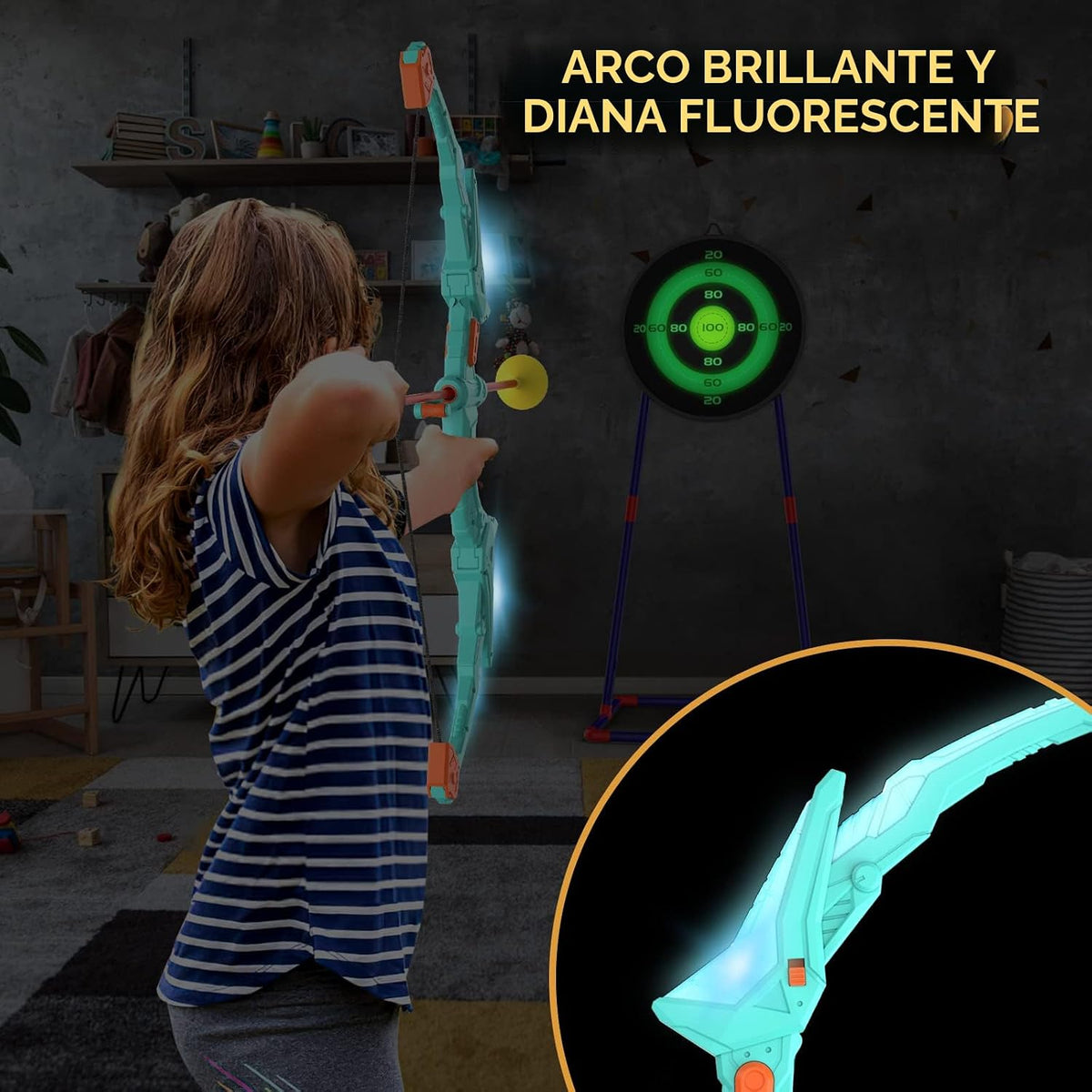 Kmuxilal Set de Arco y Flecha para Niños 2 Pack con Luces LED, 14 Flechas con Ventosa y Diana de Pie Fluorescente - Juego de Tiro con Arco Perfecto para Interior y Exterior, Juguete Regalo para Niños de 4 5 6 7 8-12 Años