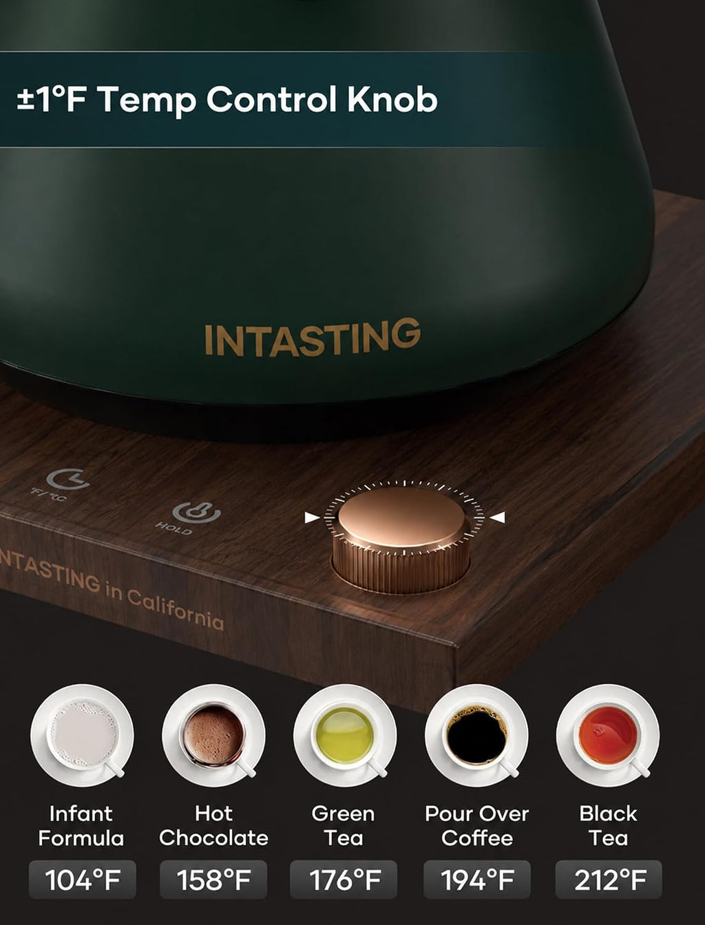 INTASTING Hervidor Eléctrico con Pico Longo y Control de Temperatura de ±1℉, 0.9L