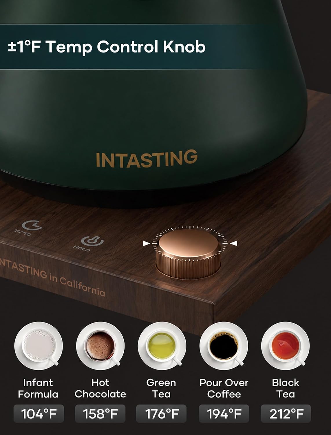 INTASTING Hervidor Eléctrico con Pico Longo y Control de Temperatura de ±1℉, 0.9L