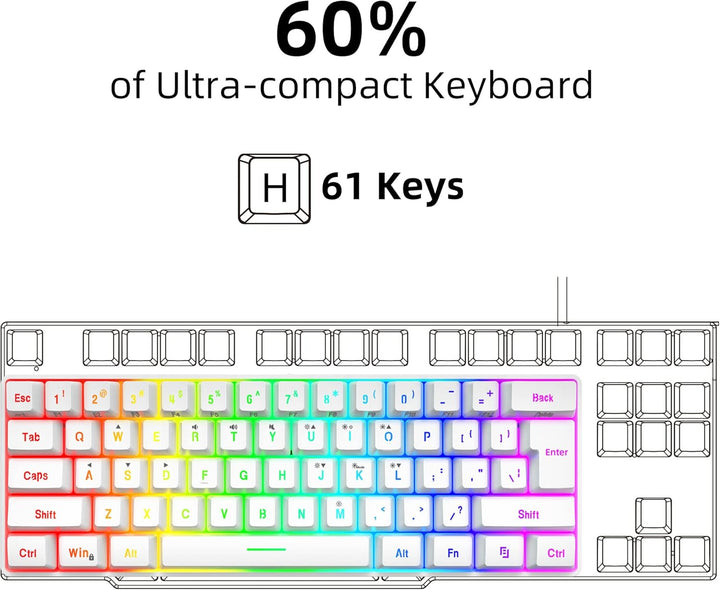 Snpurdiri - Teclado para videojuegos 60% con cable, 61 teclas, repo...
