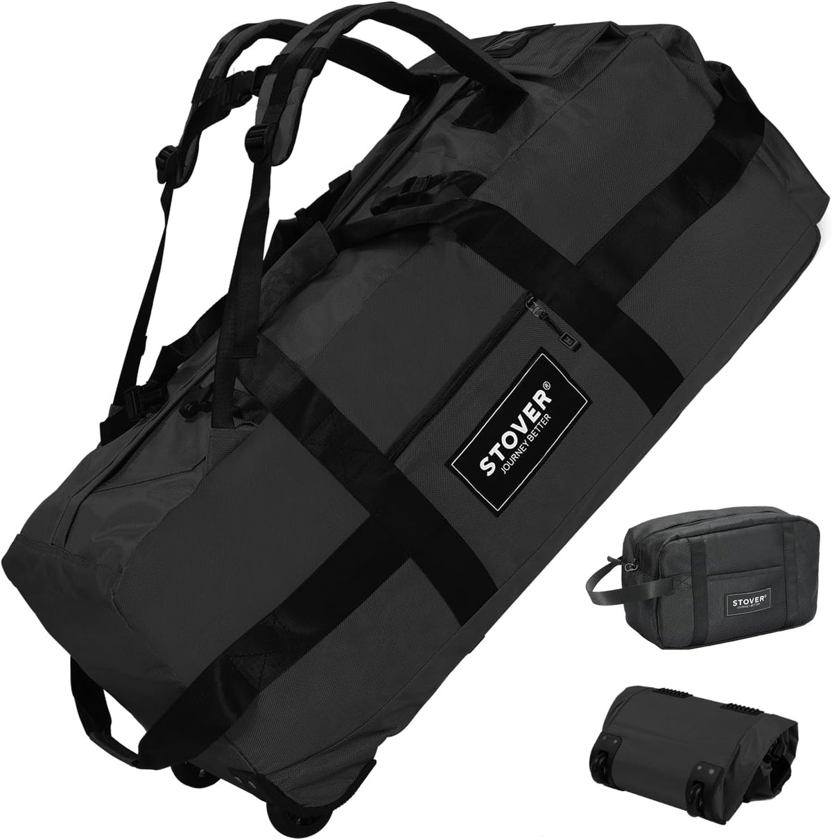 45/80/100/120L Bolsa de lona con ruedas, bolsa de viaje extra grande duradera + bolsa de aseo personal, resistente, plegable con correas para el hombro, uso como equipaje o mochila