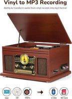 Reproductor de Discos Bluetooth 10 en 1, Giradiscos de 3 Velocidades para Vinilo con Altavoces, Convertidor de LP a MP3, CD, Reproductor de Casete, Radio FM, Transmisión Inalámbrica | Caoba