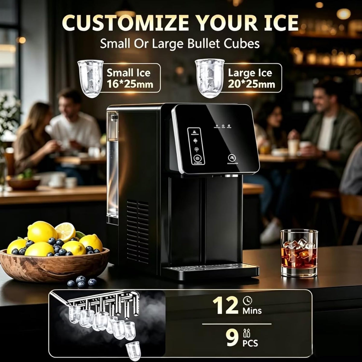 COWSAR Máquina Generadora de Hielo 2 en 1 para Encimita con Dispensador de Agua, Negro