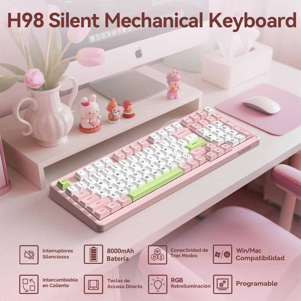 AUSDOM H98 - Teclado mecánico cremoso rosa, teclado inalámbrico sil...