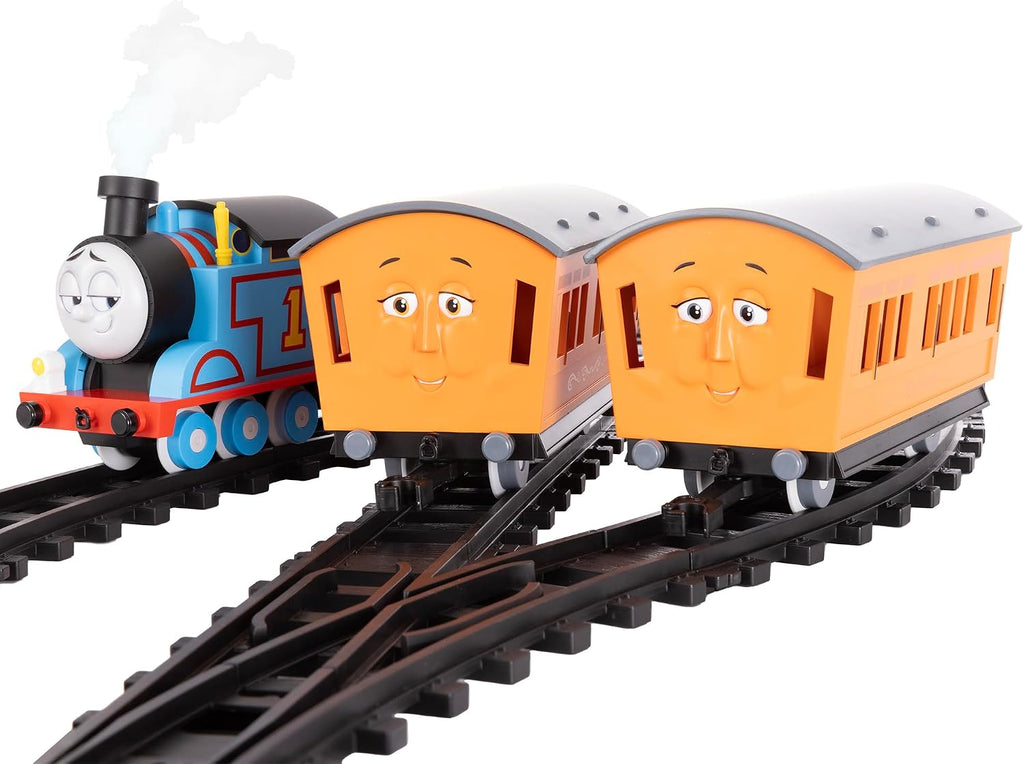 Juego de tren de juguete Lionel Mattel Thomas & Friends con batería, calibre O, con mando a distancia, locomotora, vagones de tren y vía con luces, sonidos auténticos de tren y efectos de vapor de
