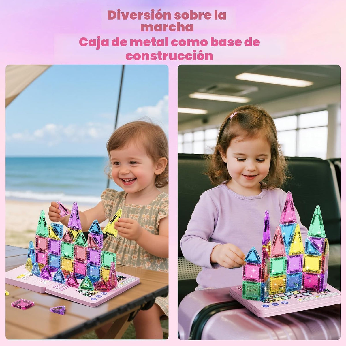WMXDU Juego de 42 piezas de azulejos magnéticos con purpurina y caja de metal rosa, bloques de construcción STEM portátiles para niños de 3 a 8 años, juguetes educativos STEM Montessori para viajes en avión en automóvil