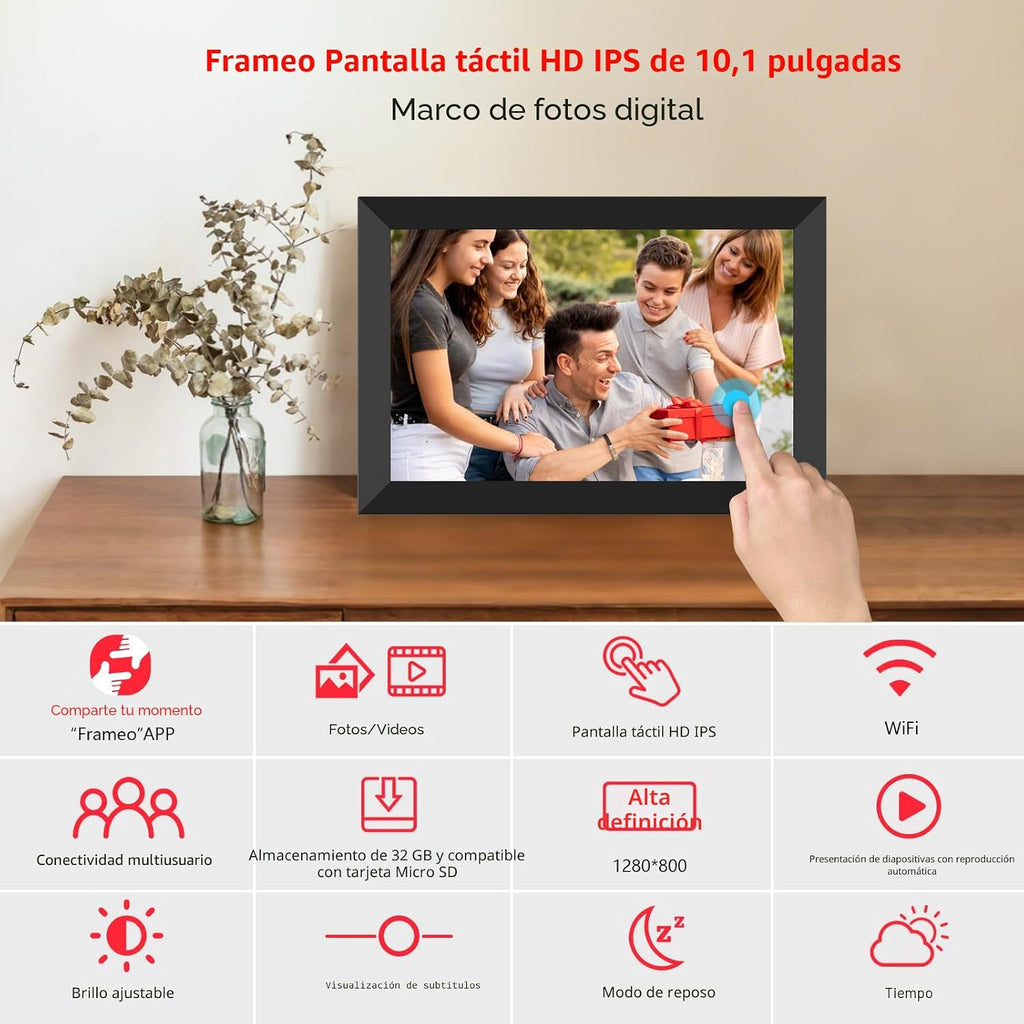 Frameo Marco de fotos digital WiFi de 10.1 pulgadas, marco de fotos digital de 32 GB con pantalla táctil IPS HD de 1280 x 800, montaje en pared con rotación automática, fácil de compartir fotos/videos