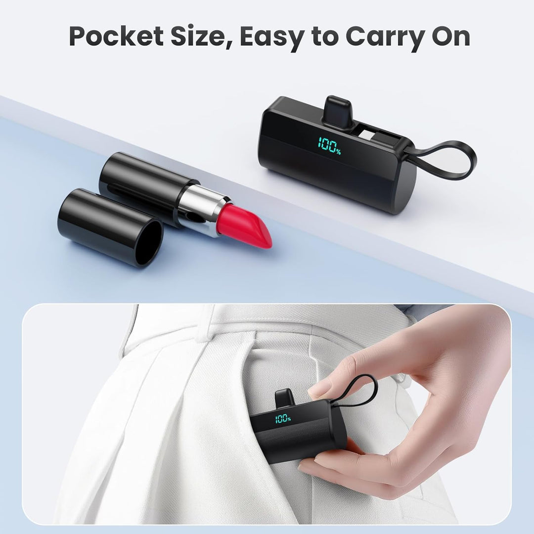 Cargador portátil mini para iPhone con cable USB C incorporado, bat...