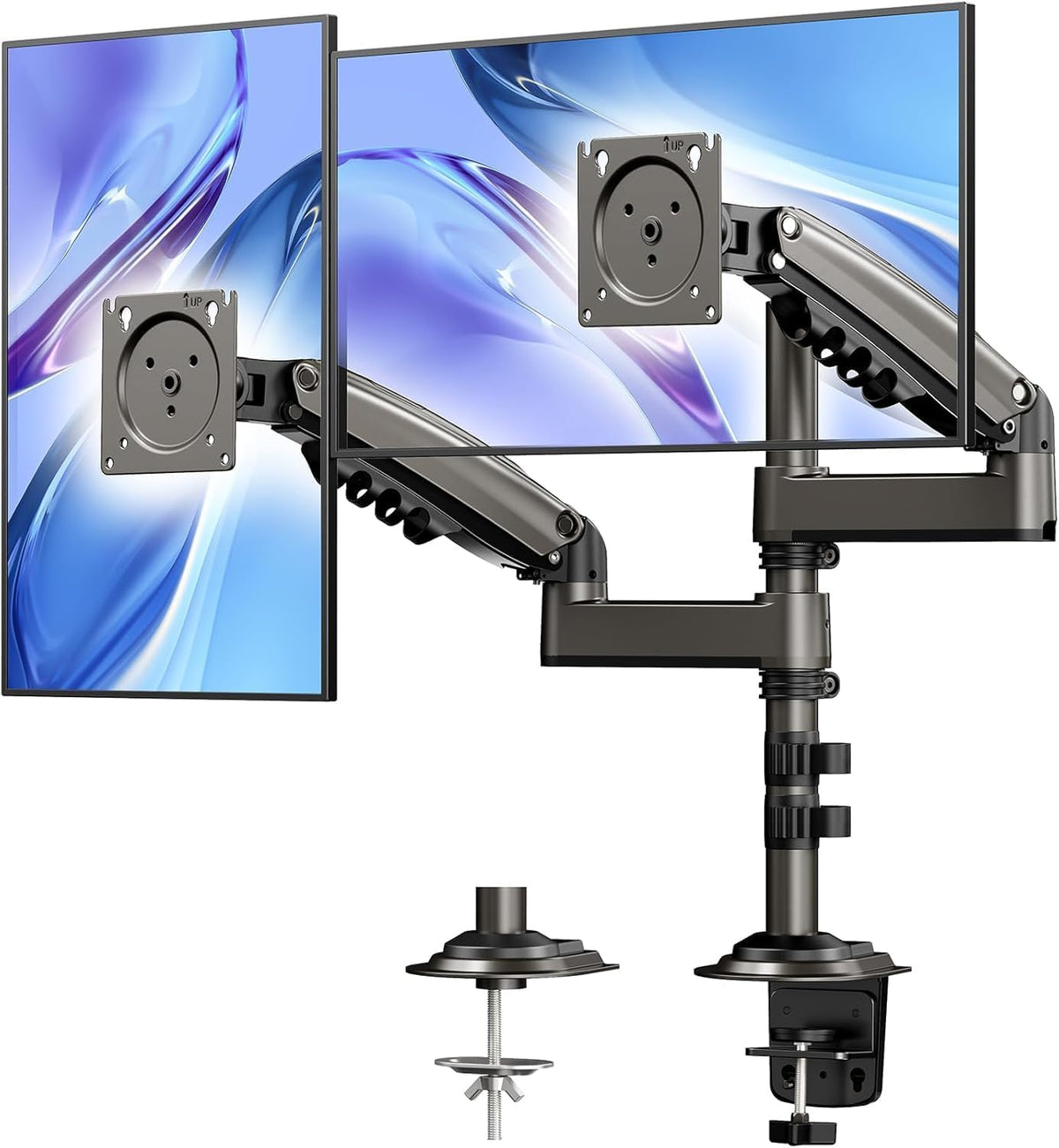 HUANUO - Soporte para monitor dual de 17 a 32 pulgadas, soporte para monitor apilado, brazos de monitor para 2 monitores, inclinación / giro ajustable ergonómico, peso máximo 19.8 libras, VESA 75/100