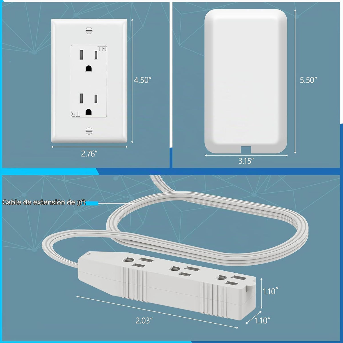 Extensor de toma de corriente LIDER Flat-Face, 3 receptáculos, cable de 3 ft, 1625W, ultra delgado
