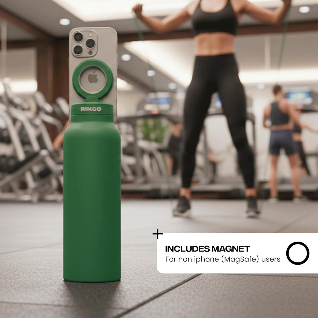RINGO PRO Botella de agua aislada, soporte magnético para trípode para teléfono, verde, 24 onzas