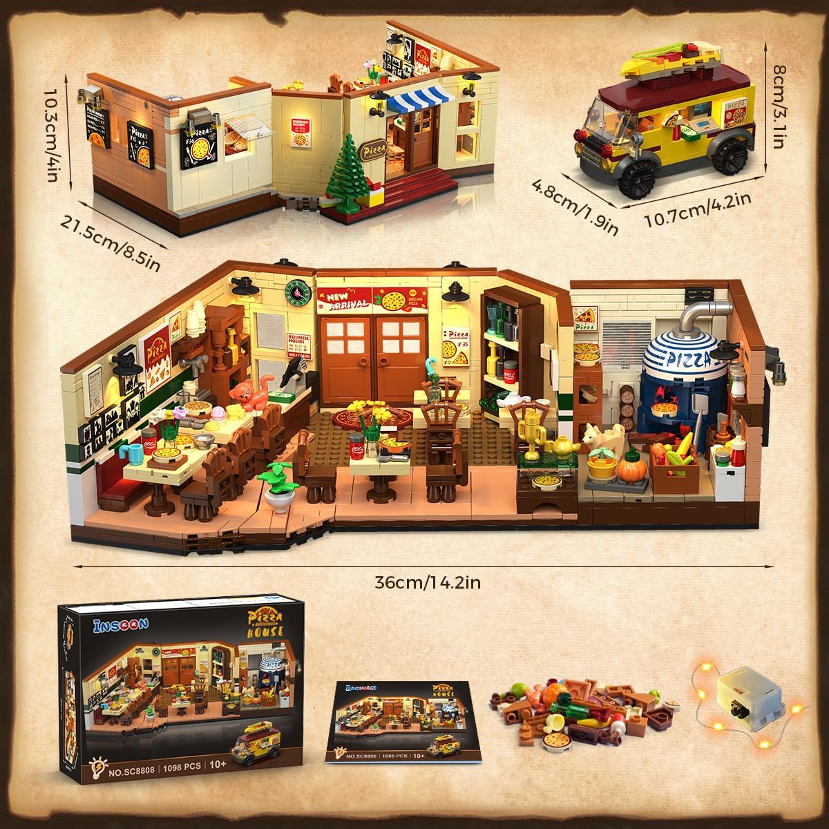 City Street - Juego de construcción de pizzería con luz