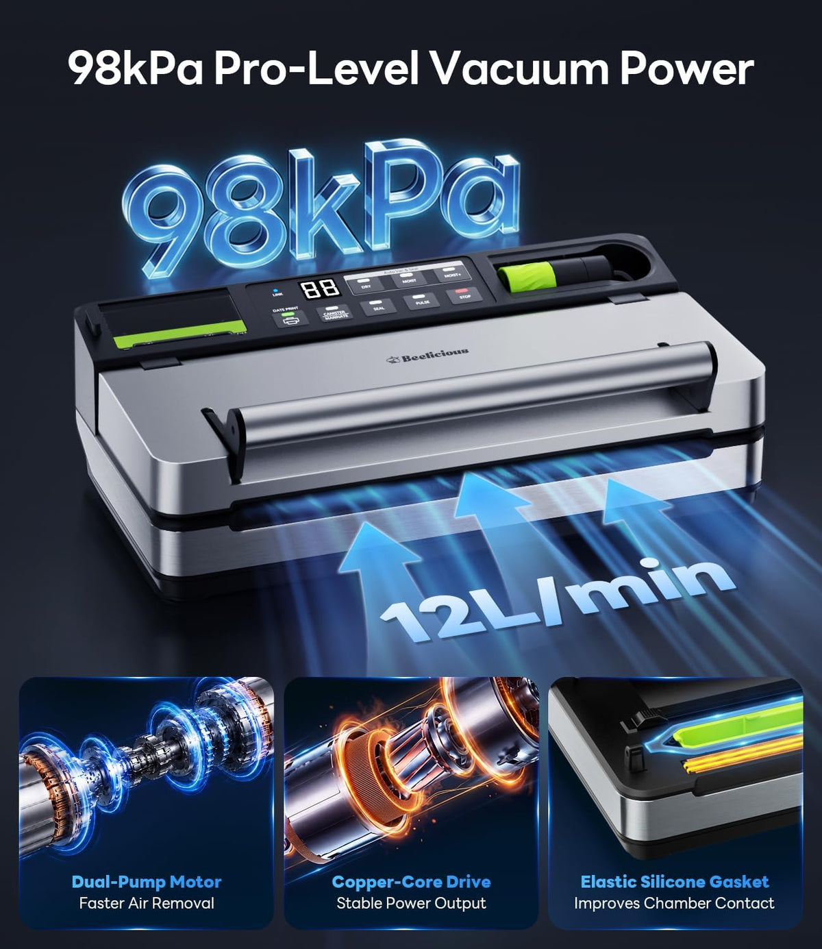 Sellador al vacío inteligente de 98kPa con aplicación FreshTrack de