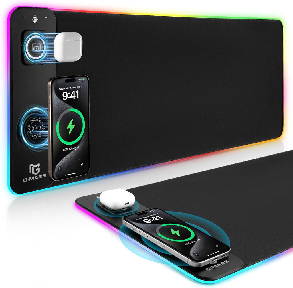 Gimars Alfombrilla de mouse RGB 3 en 1 mejorada con carga inalámbrica rápida magnética de 15 W, alfombrilla de mouse para juegos de 31.5 x 11.8 x 0.16 pulgadas, 15 modos de color, alfombrilla de
