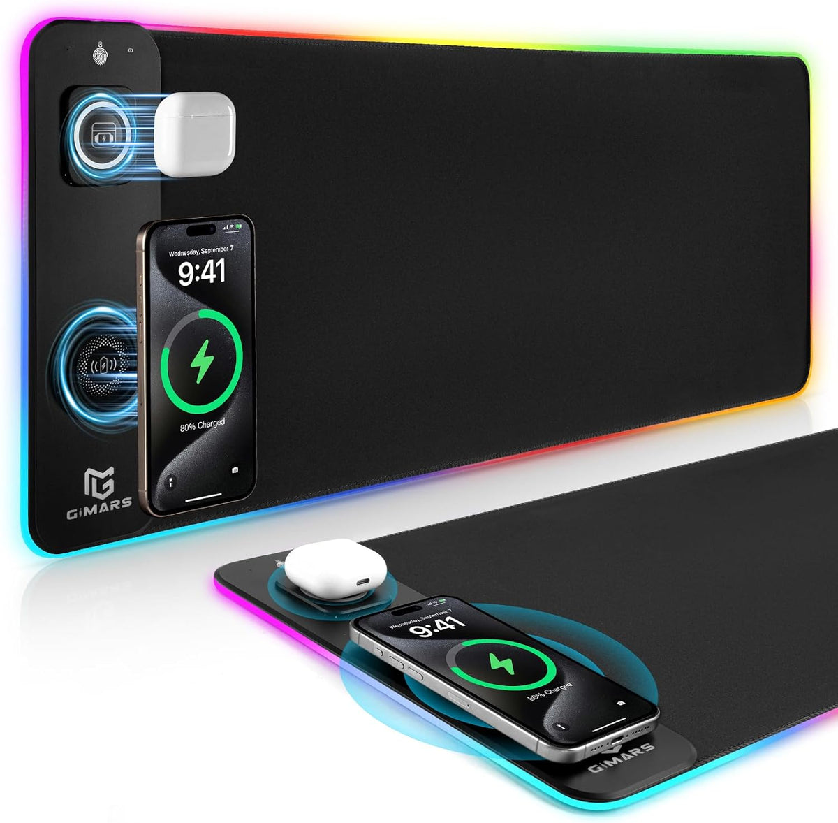 Gimars Alfombrilla de mouse RGB 3 en 1 mejorada con carga inalámbrica rápida magnética de 15 W, alfombrilla de mouse para juegos de 31.5 x 11.8 x 0.16 pulgadas, 15 modos de color, alfombrilla de