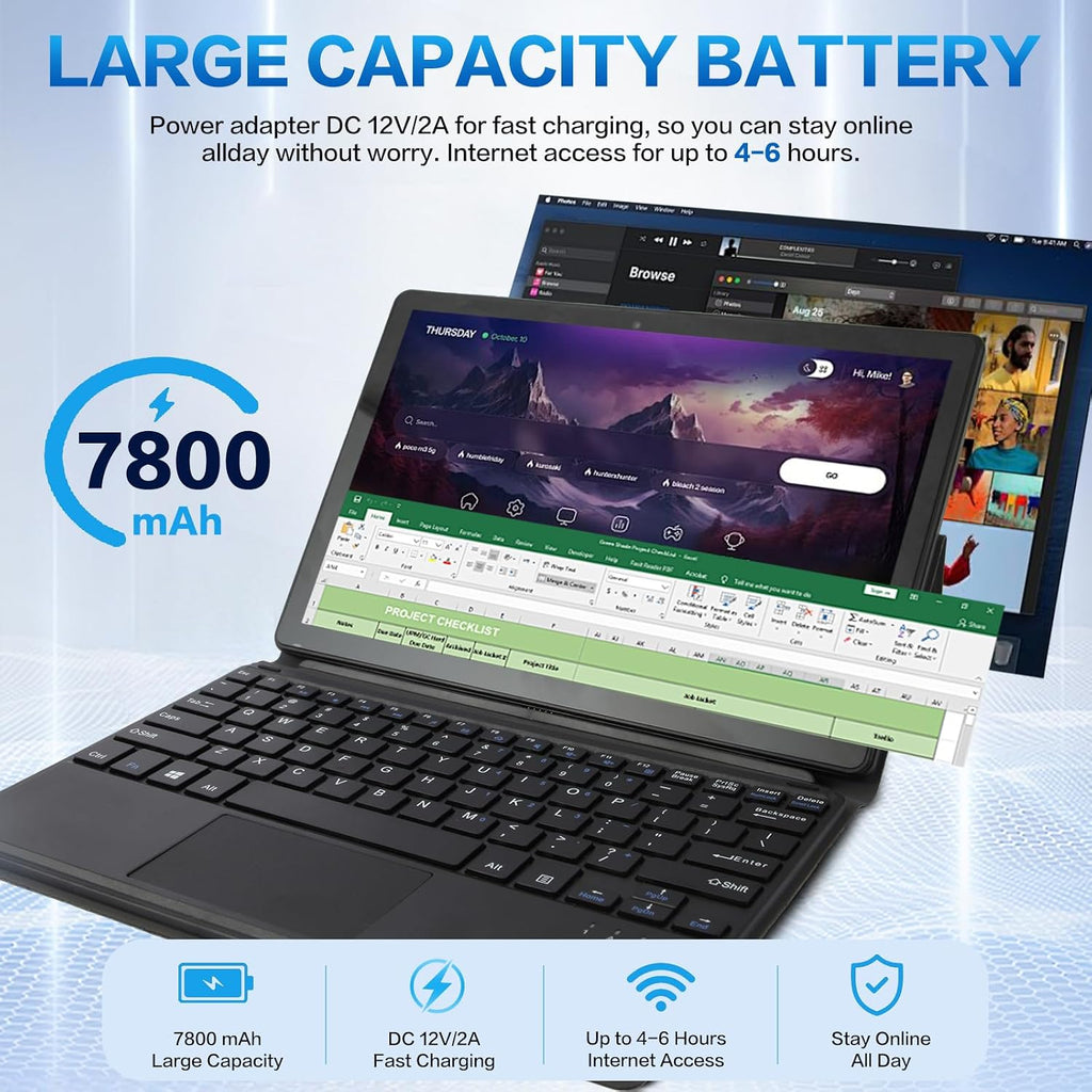 10.1" 2-en-1 ordenador portátil/tableta Windows, pantalla táctil FHD IPS, 12GB RAM 128GBSSD