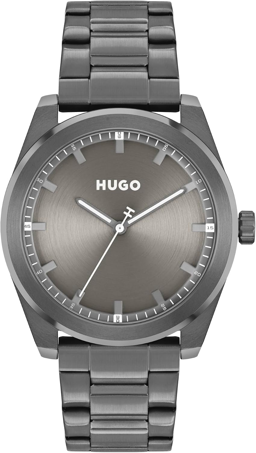 HUGO Bright - Reloj de pulsera de cuarzo 3H de acero inoxidable de 1.654 in para hombre, resistente al agua hasta 5 ATM/164 ft, un aspecto limpio y moderno