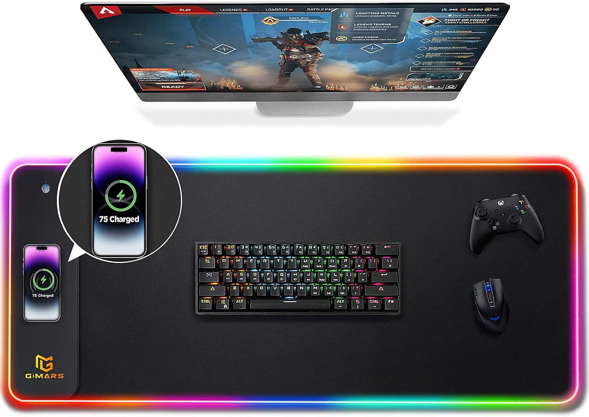 Alfombrilla de ratón RGB para juegos Gimars, alfombrilla de ratón con carga inalámbrica de 15W y 10 modos de luz, alfombrilla de ratón grande con superficie premium y lisa, alfombrilla de ratón