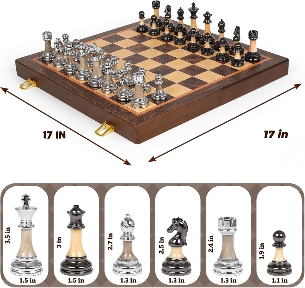 Juego de ajedrez grande de lujo de 17 pulgadas, tablero de ajedrez de madera con piezas de ajedrez de metal y acrílico, tamaño King de 3.5 pulgadas, 2 reinas adicionales, juego de ajedrez plegable para adultos y niños, exhibición de regalo, colección de