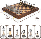 Juego de ajedrez grande de lujo de 17 pulgadas, tablero de ajedrez de madera con piezas de ajedrez de metal y acrílico, tamaño King de 3.5 pulgadas, 2 reinas adicionales, juego de ajedrez plegable para adultos y niños, exhibición de regalo, colección de