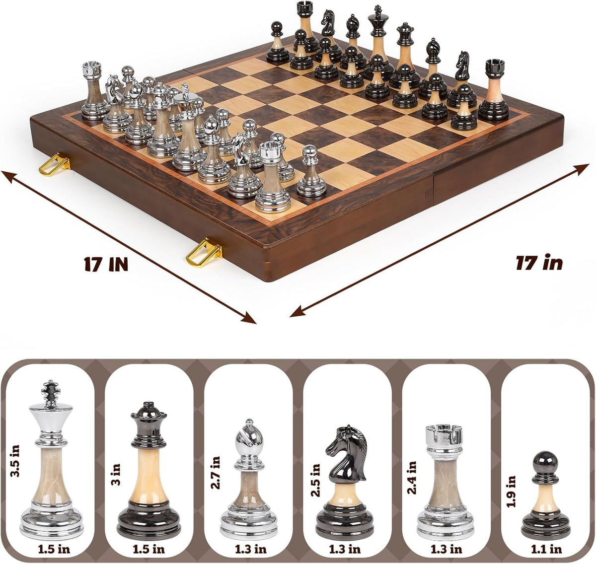 Juego de ajedrez grande de lujo de 17 pulgadas, tablero de ajedrez de madera con piezas de ajedrez de metal y acrílico, tamaño King de 3.5 pulgadas, 2 reinas adicionales, juego de ajedrez plegable para adultos y niños, exhibición de regalo, colección de