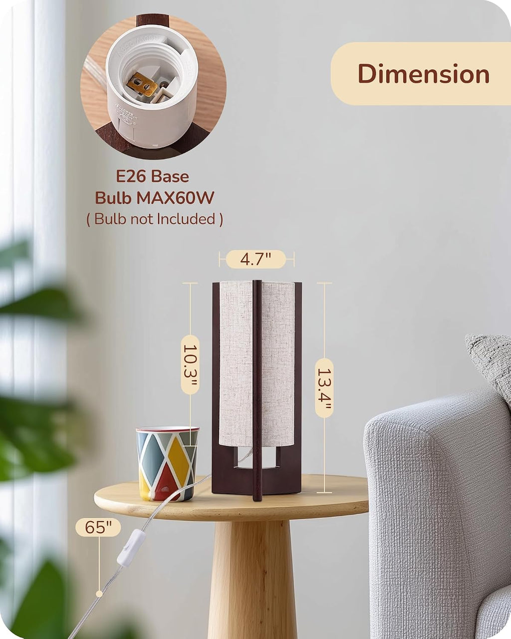 Lámpara EDISHINE Lámpara de mesa de madera, lámpara de noche pequeña de 13.5