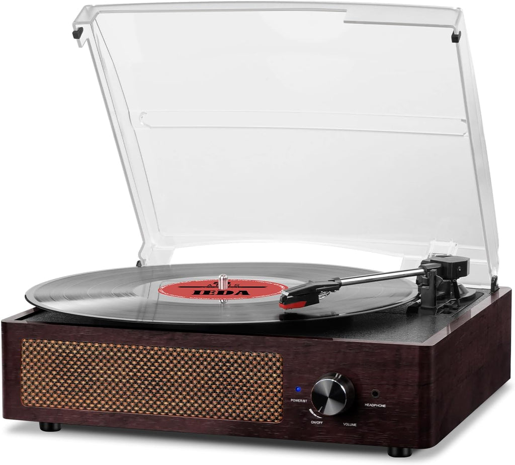 Tocadiscos de vinilo con receptor Bluetooth integrado y 2 altavoces estéreo, 3 velocidades, tamaño portátil retro para entretenimiento y decoración del hogar