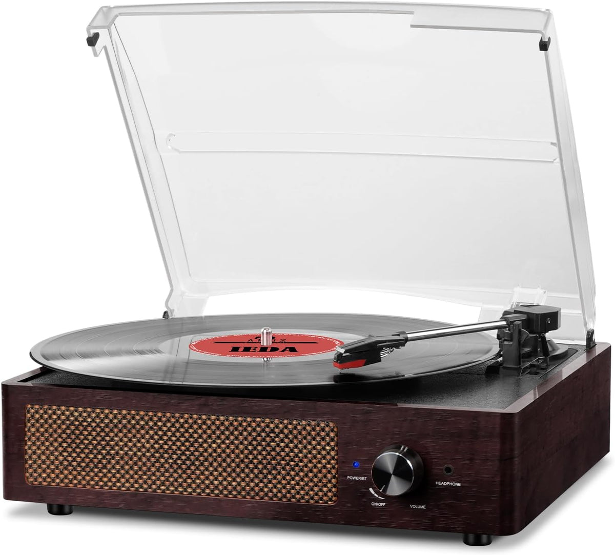 Tocadiscos de vinilo con receptor Bluetooth integrado y 2 altavoces estéreo, 3 velocidades, tamaño portátil retro para entretenimiento y decoración del hogar