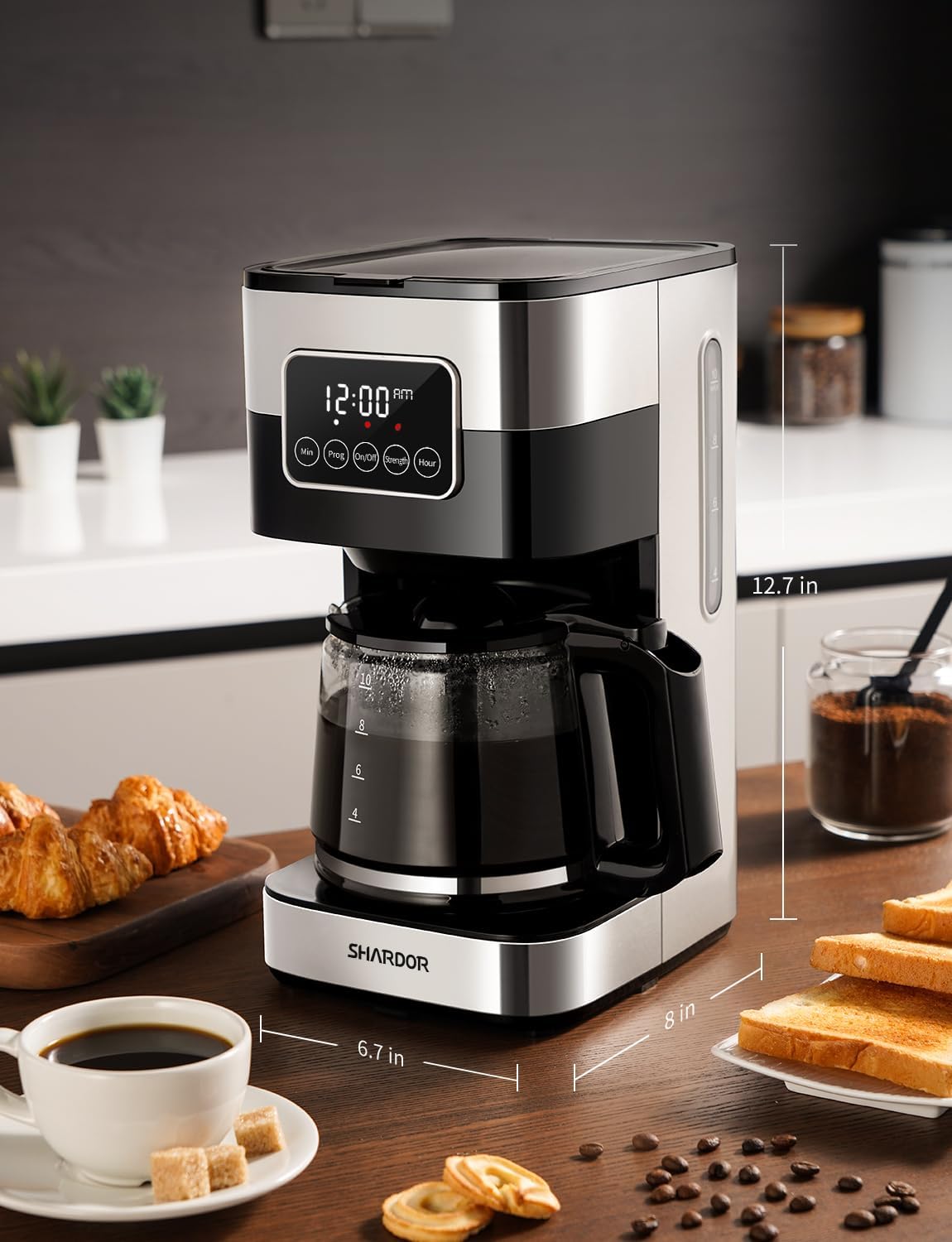 SHARDOR Cafetera programable de 10 tazas, cafetera de goteo regular y fuerte para el hogar y la oficina, apagado automático, filtro permanente, color plateado