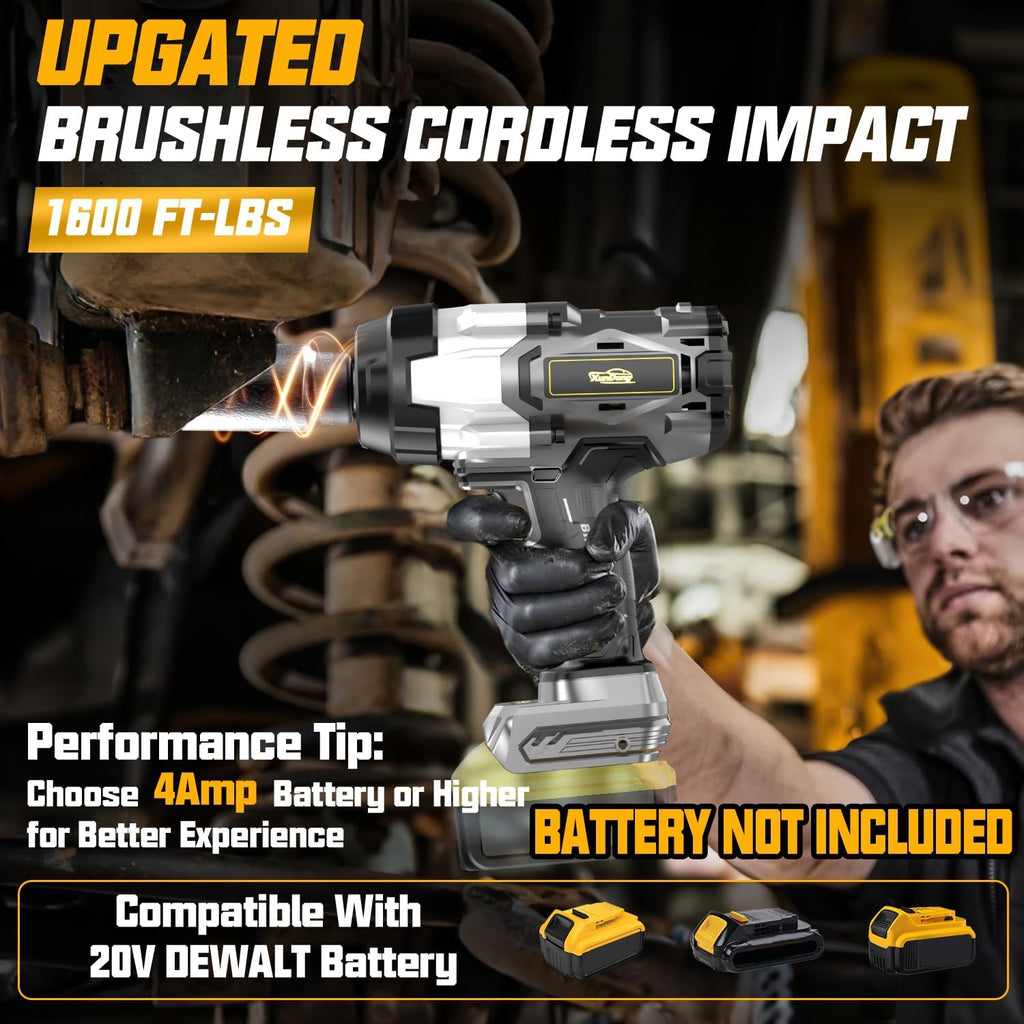 Llave de impacto inalámbrica de 1/2 pulgada compatible con batería Dewalt de 20 V, 1600 pies-libras (2200 N.m), pistola de impacto de alto par resistente, destornillador de impacto de energía eléctrica sin escobillas con 4 modos de velocidad y luz de trab