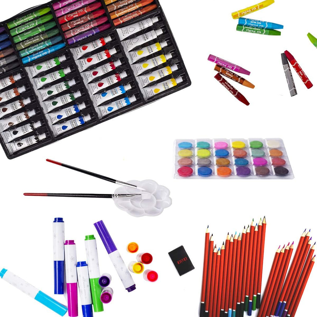 KINSPORY Juego de arte, paquete de 139 suministros de arte de pintura y dibujo con 2 blocs de bocetos, manualidades de arte de doble capa, lápices de colores, pasteles al óleo, pinturas de acuarela